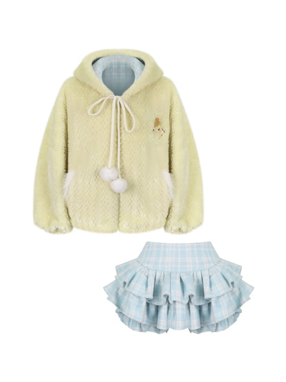 Custard Pudding Yellow Plush Jacket + Blue Plaid Tiered Skirt