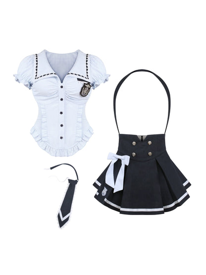 Fiservani Blue Shirt With Tie Badge + Blue Strap Skirt