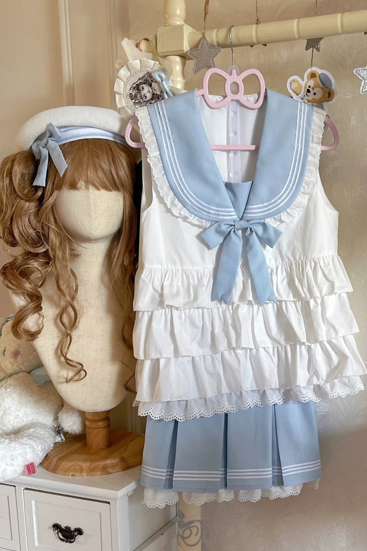 Sailor Ribbon Marine Top + Pleated Layered Skirt