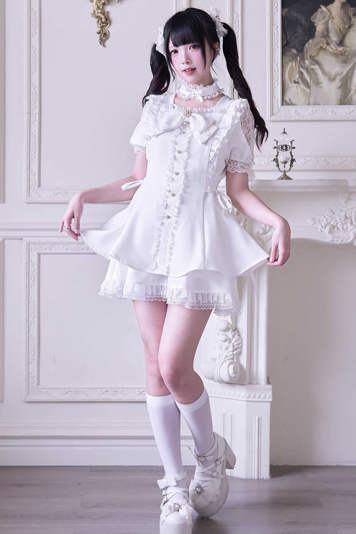 Jirai Stripe Lace Puff Sleeve Top + Short Skirt