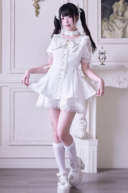 Jirai Stripe Lace Puff Sleeve Top + Short Skirt