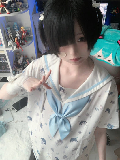 Sailor Aqua Blue Necktie Badge Print Dress