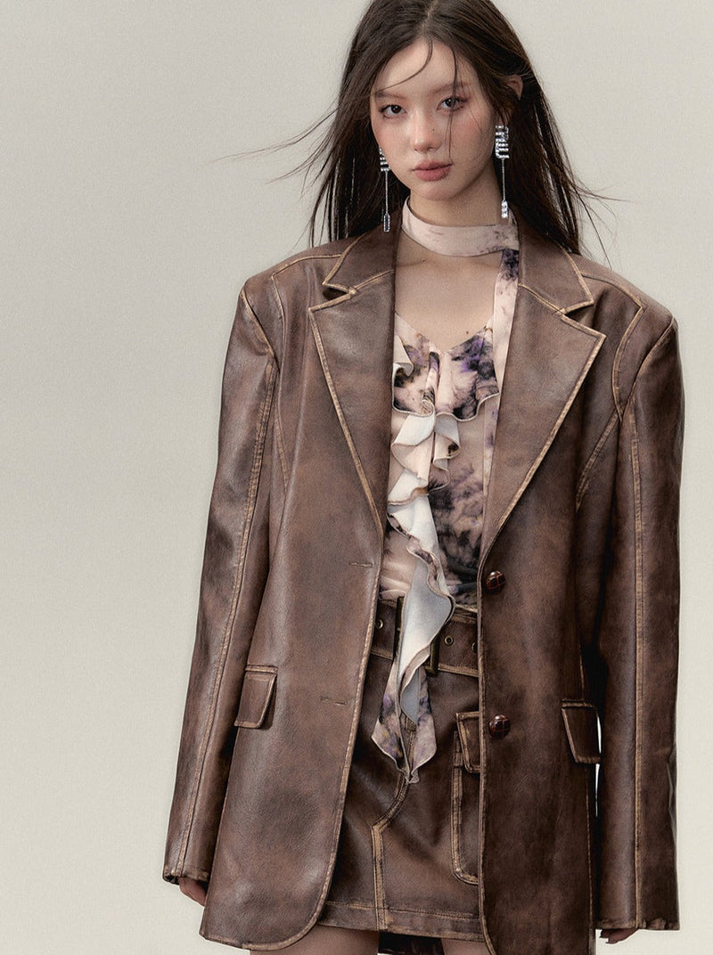 Washed Leather Over Jacket + Short Skirt