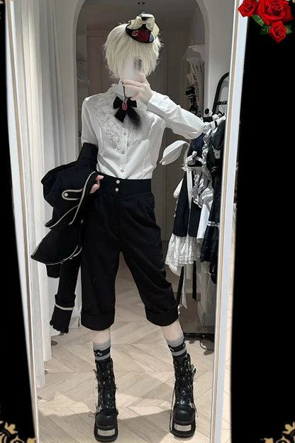 [pre-order Deadline: May 8] White Lace Ruffle High Collar Prince Shirt + Black Tailored Bermuda Shorts