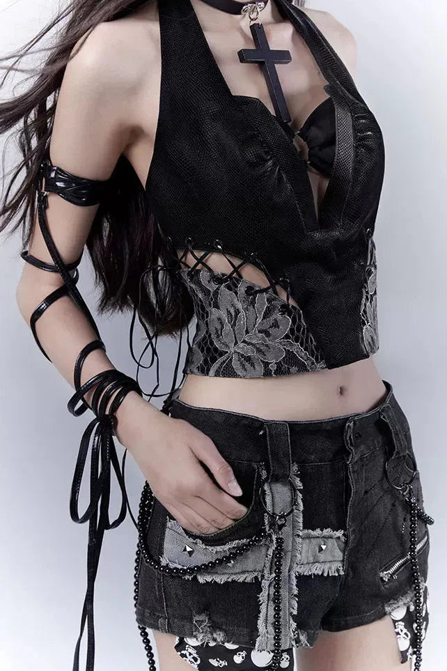 Dark Lace Patchwork Leather Camisole