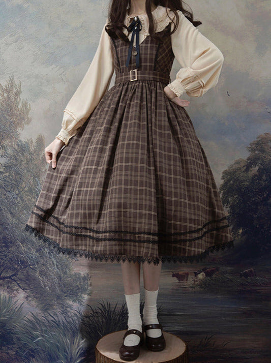 Forest Brown Plaid Belt V Neck Dress