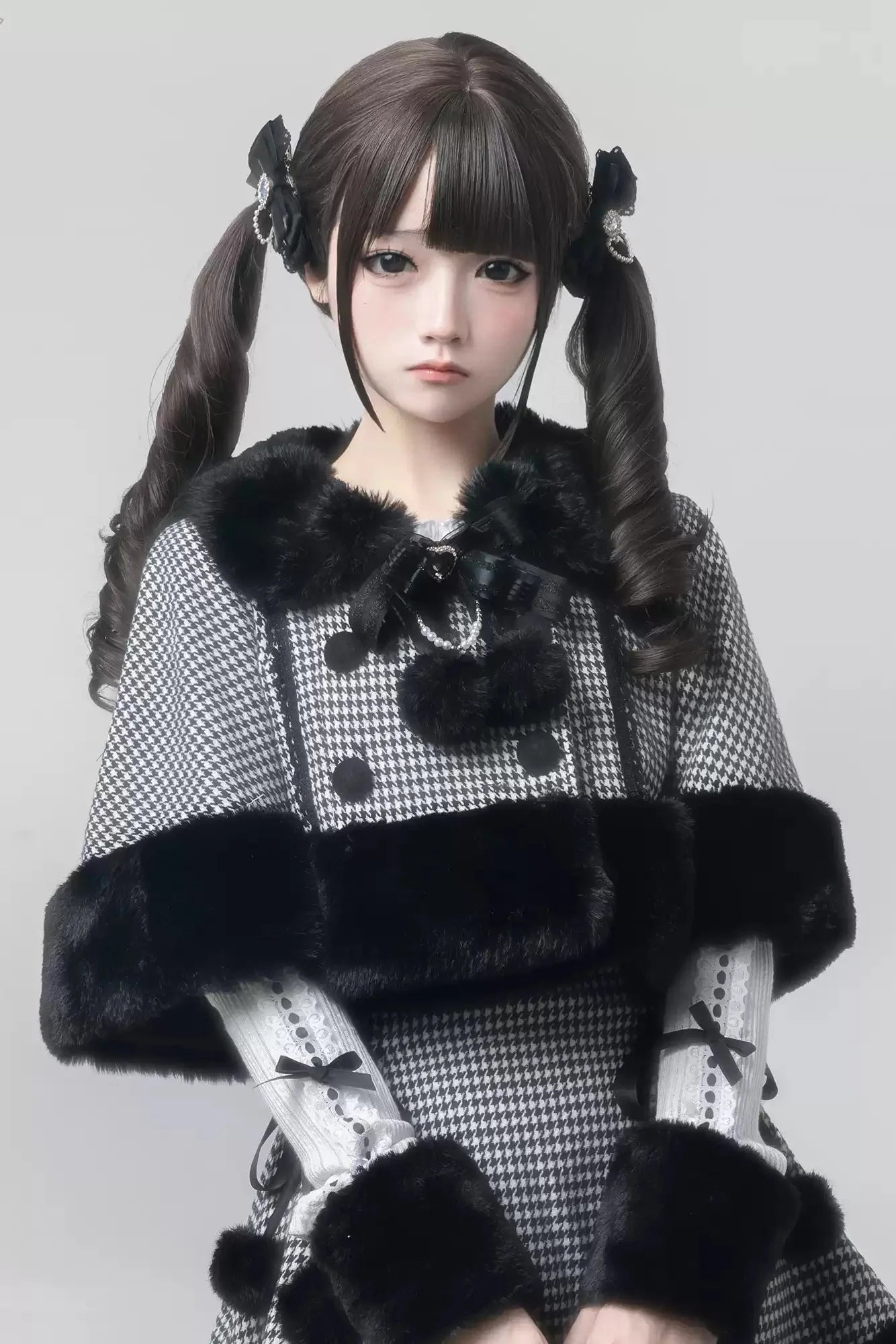 [reservation Deadline February 7th] Retro Check Black Fur Cape + Skirt + Inner Top
