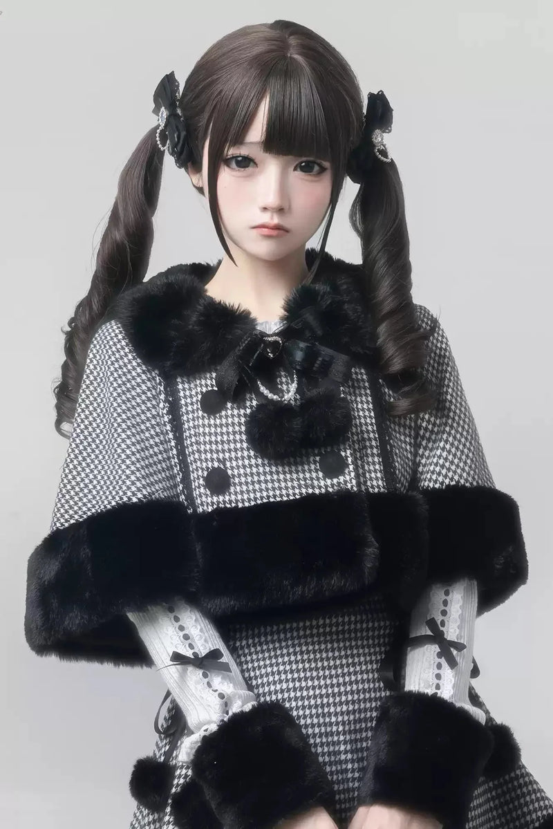 [reservation Deadline February 7th] Retro Check Black Fur Cape + Skirt + Inner Top