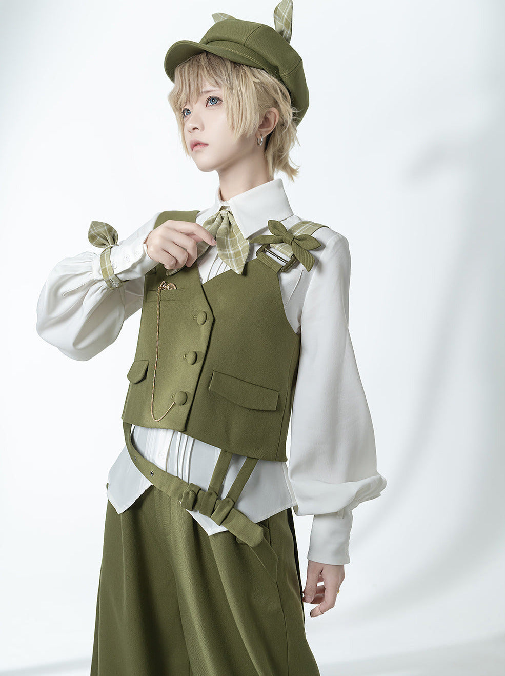 Secret Morning Post Green Tea Color Retro Sweet Cool Vest Shirt Cropped Pants