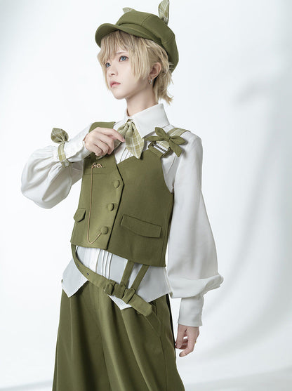 Secret Morning Post Green Tea Color Retro Sweet Cool Vest Shirt Cropped Pants