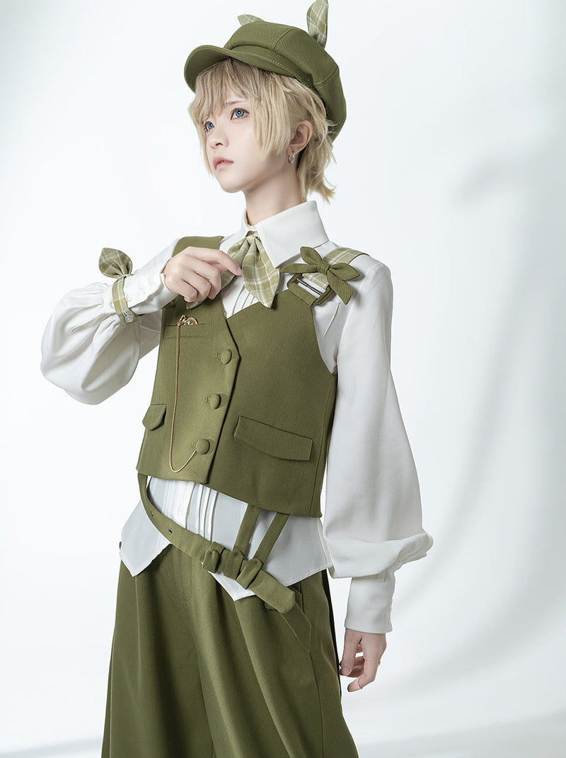 Secret Morning Post Green Tea Color Retro Sweet Cool Vest Shirt Cropped Pants