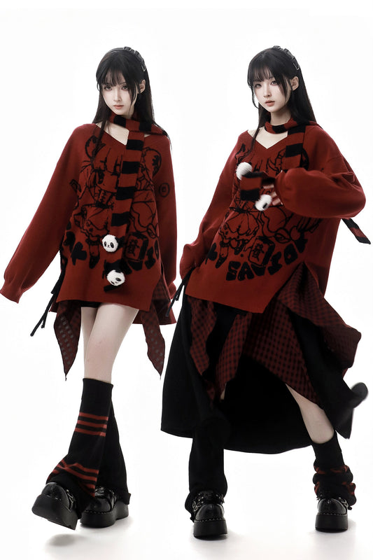 Chinese-style Illustration V Neck Knit Slim Sweater Design Shirt & Skirt Set