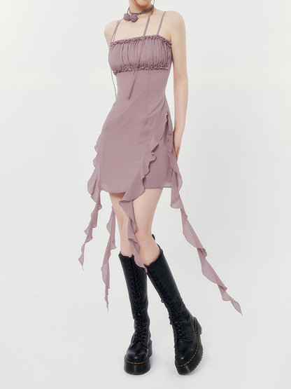 Double Streamer Rose Ruffle Cami Dress