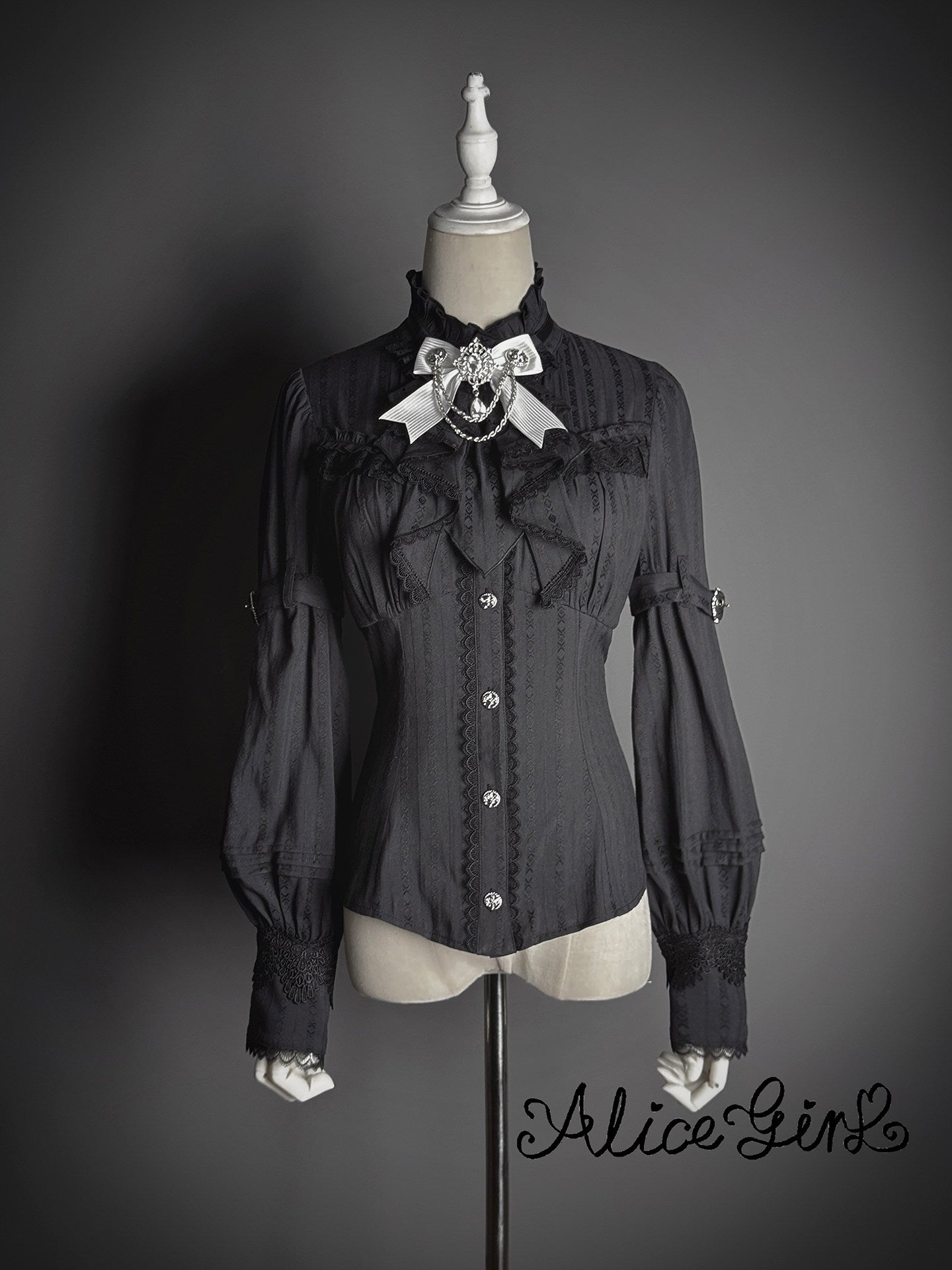 [pre-order Deadline: February 23] Dawnbreaker Gothic Ruffle Stand Collar Jacquard Ribbon Shirt