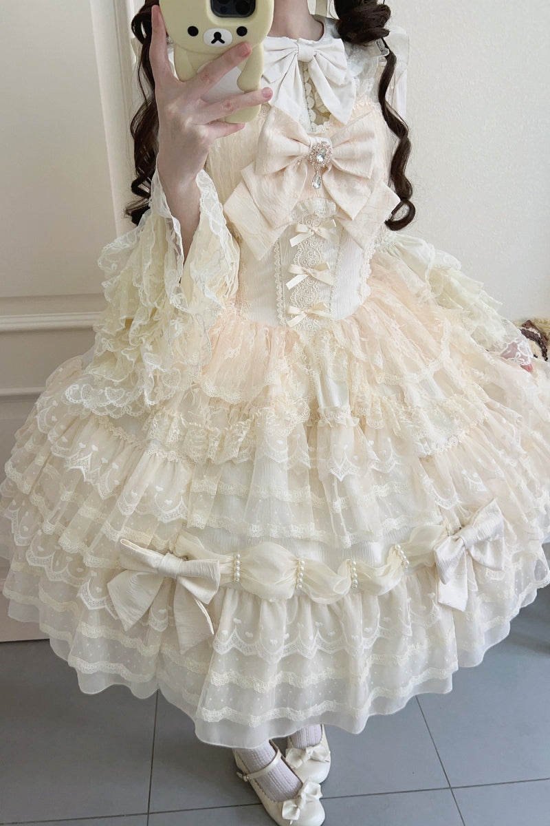 [pre-order] White Sugar Doll Princess Sleeve Suspender Dress Suit + Bonnet Hat