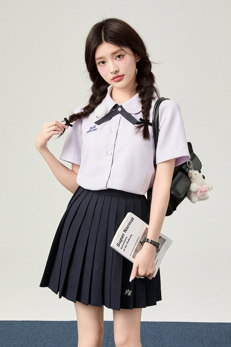 Flower Bell Tie Short Sleeve Shirt + Short Skirt + Long Skirt