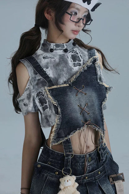 Y2k Star Denim Overall Skirt + Inner Top