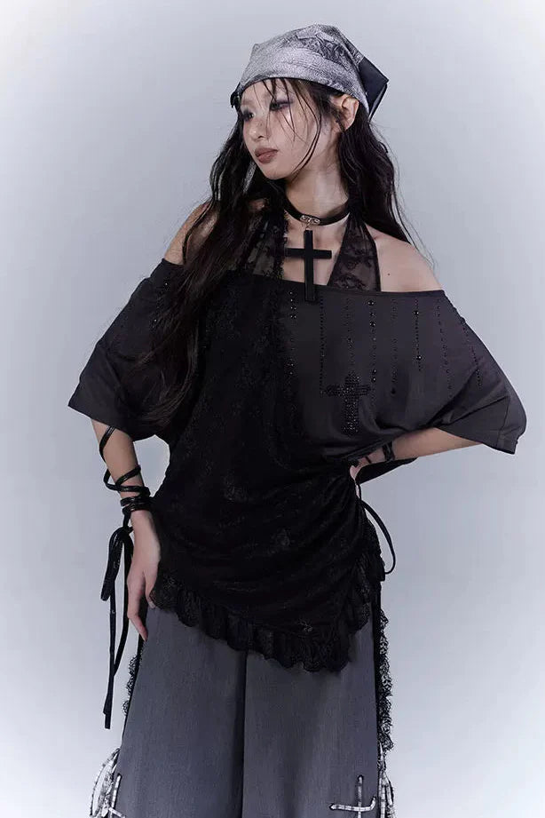 Sheer Off Shoulder Lace Halter Top