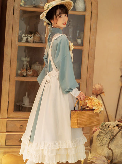 Stand Collar Double-breasted Coat Lace Apron Overskirt Set