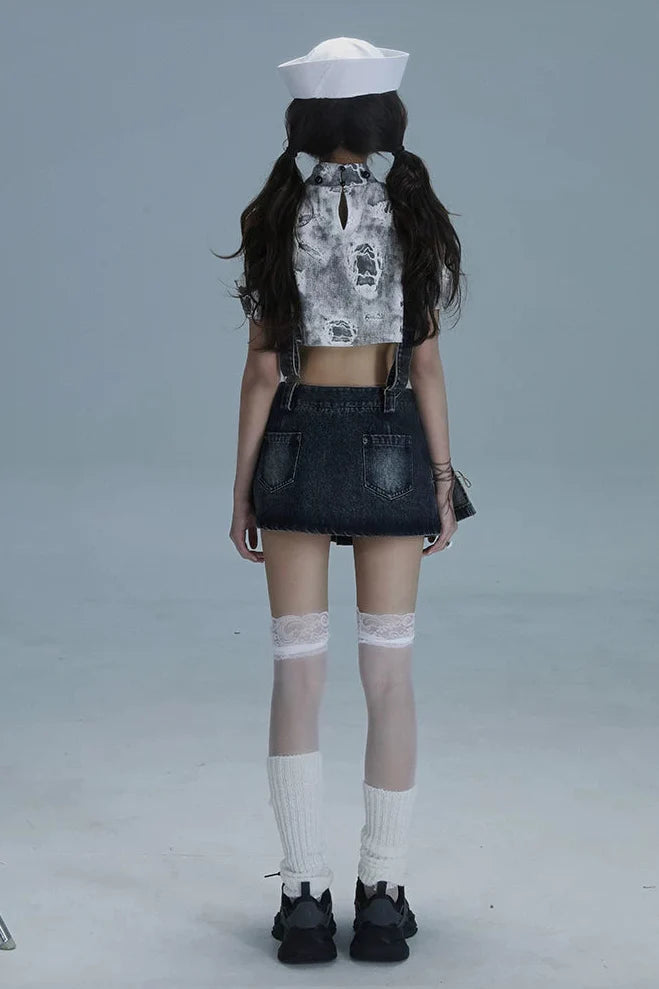Y2k Star Denim Overall Skirt + Inner Top