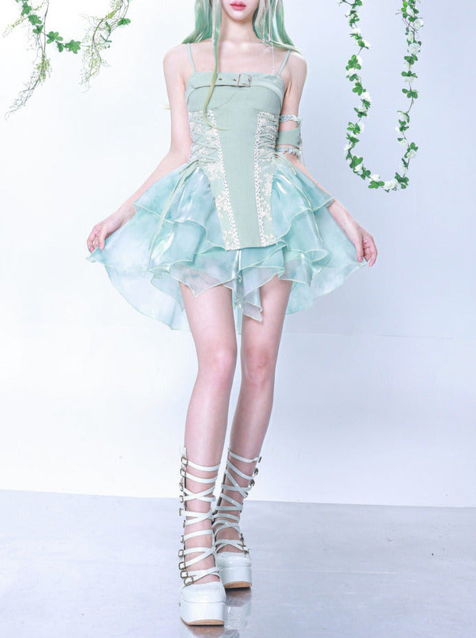 Fairy Fragrance Turquoise Green Tiered Suspender Dress