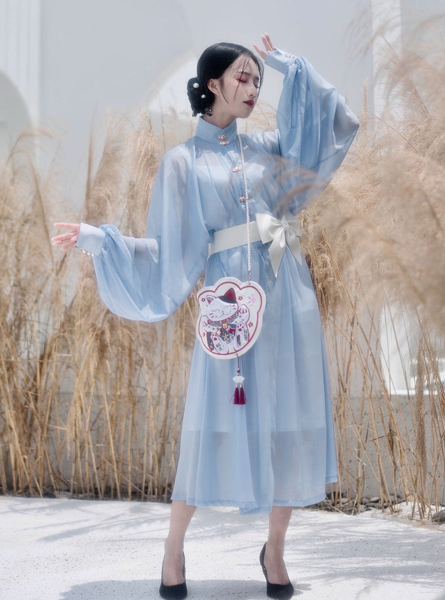 Waist Belt Sheer Stand Collar Puff Sleeve Dress