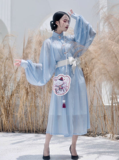 Waist Belt Sheer Stand Collar Puff Sleeve Dress
