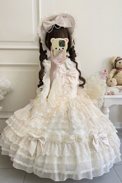 [pre-order] White Sugar Doll Princess Sleeve Suspender Dress Suit + Bonnet Hat
