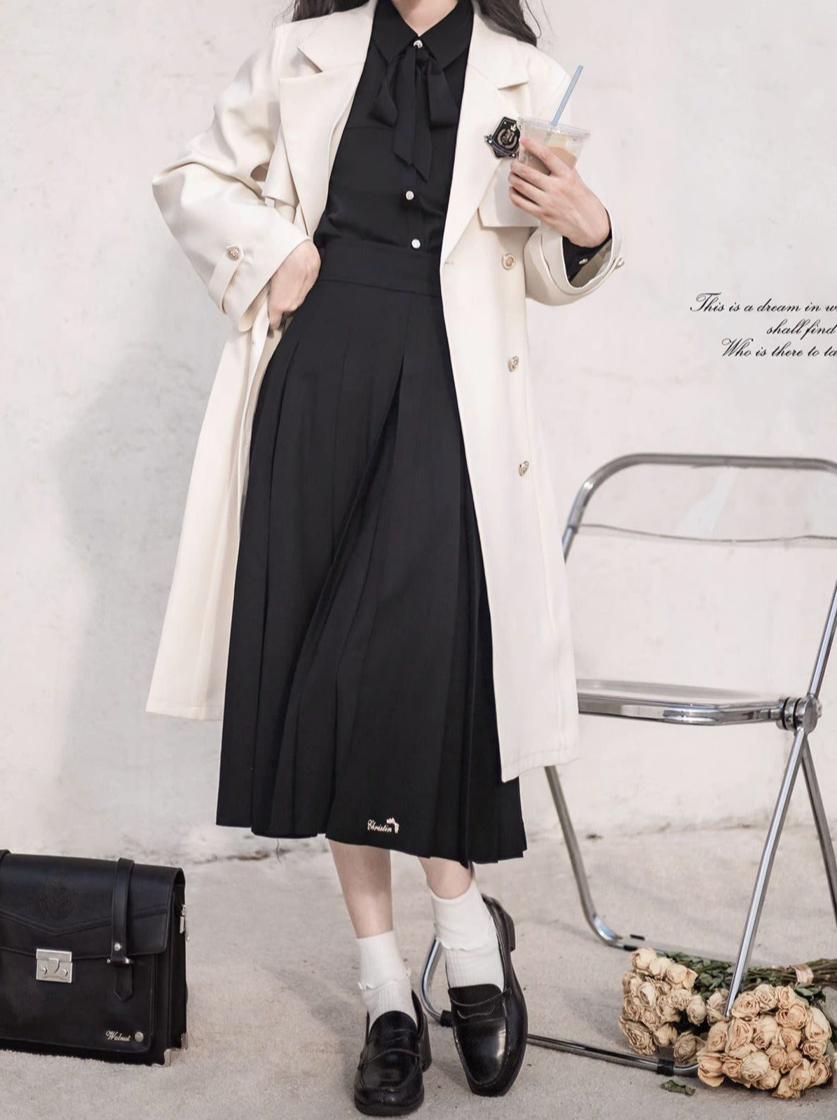 College Apricot Trench Coat + Metal Badge + Black Embroidery Ribbon Shirt + Pleated Skirt