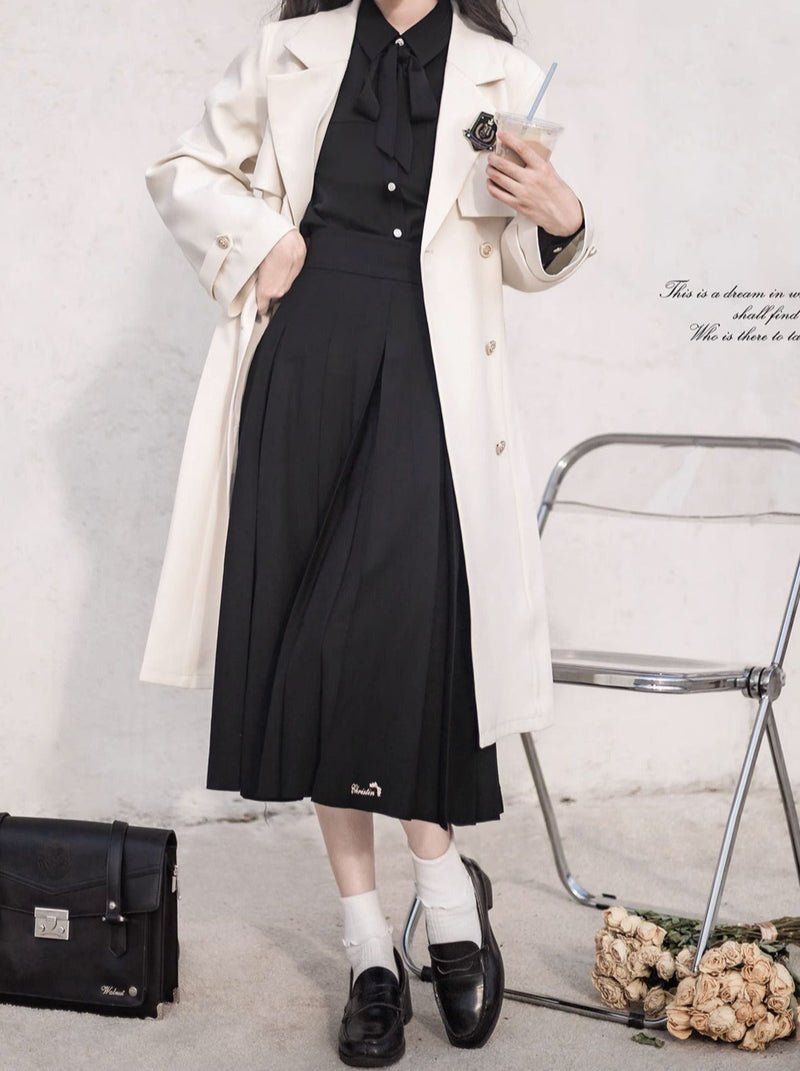 College Apricot Trench Coat + Metal Badge + Black Embroidery Ribbon Shirt + Pleated Skirt
