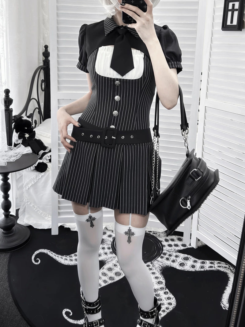 [pre-order Deadline: April 28] Black Pinstripe Tie Collar Short Jacket Dress Full Set + Jewel Casquette