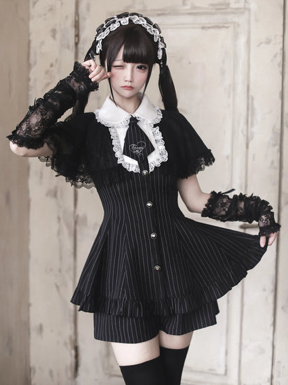 [reservation Deadline: May 15] Black Pinstripe Lace Cape Design Thai Collar Dress Suit Full Set + Accessories