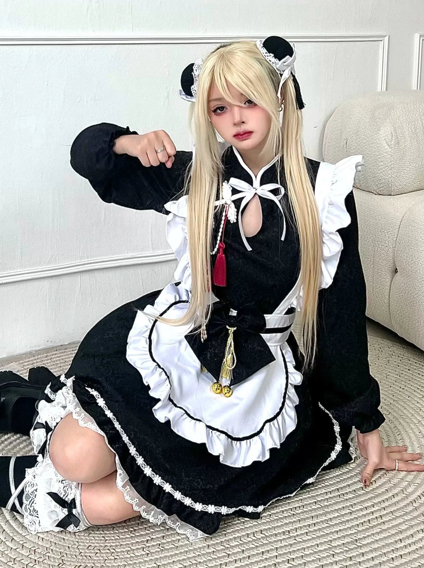 Black White Chinese-style Maid Ribbon Apron Dress Set [short Sleeve / Long Sleeve]