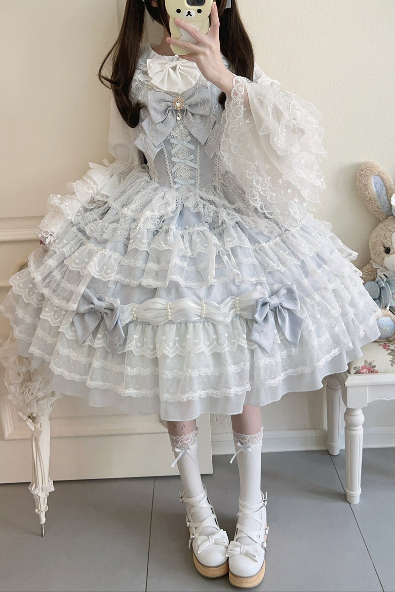 [pre-order] White Sugar Doll Princess Sleeve Suspender Dress Suit + Bonnet Hat