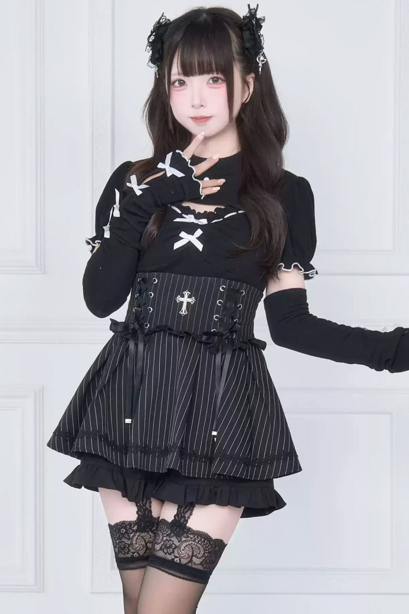 [pre-order] Knit Top With Ribbon Sleeves + Gothic Cross Lace Up Skirt