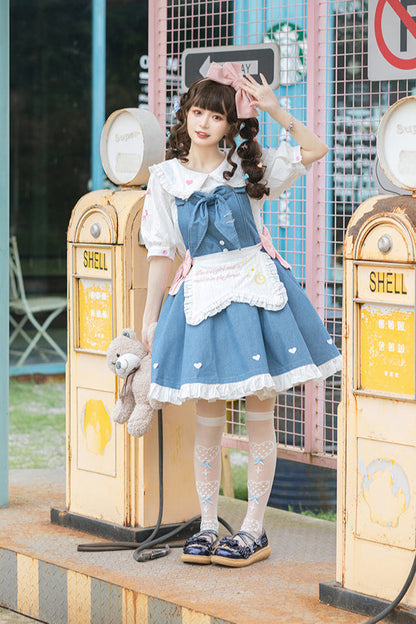 Light Raw Denim Lolita Jumper-skirt + Doll Innerwear + Apron