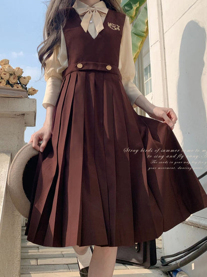 College Style Cream Chiffon Inner Shirt + V Neck Vest Skirt + Ribbon Accessories [pre-order]