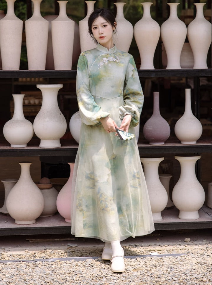 Marbled Green Half Neck Chinese-style Dress