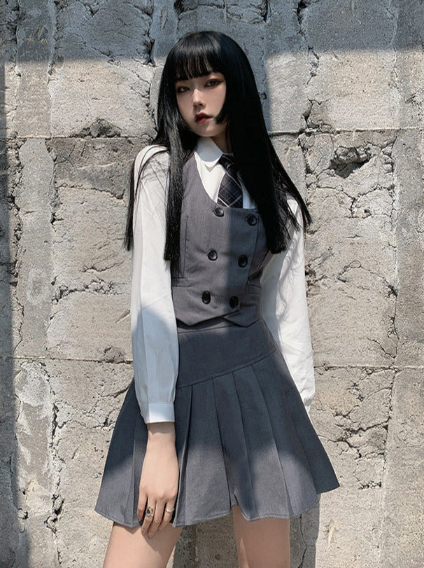 Plaid Necktie Shirt + Double-breasted Vest + Asymmetric Pleated Skirt