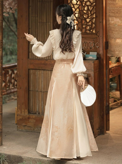 Chinese-style Lace Ruffled Blouse + Pleated Slit Long Skirt