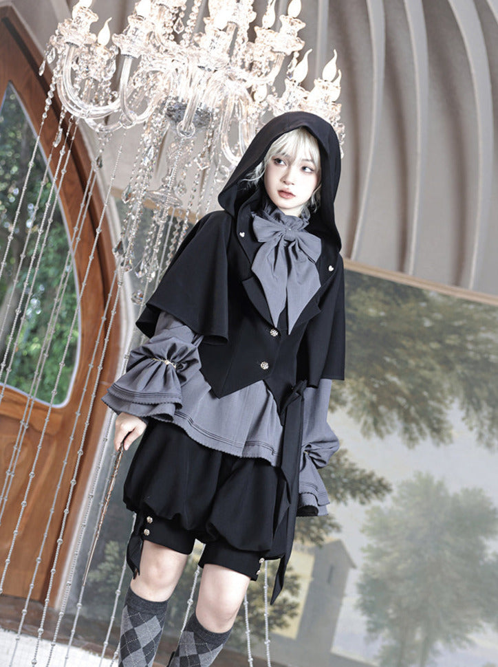 Rabbit Retro Dark Cool Rabbit Ears Hoodie Set [cape Coat / Blouse / Short Pants]