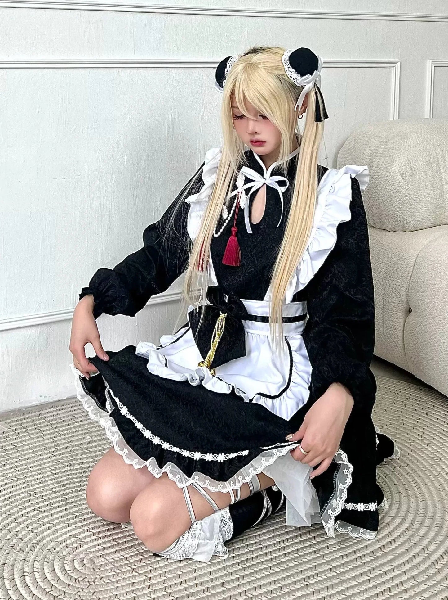 Black White Chinese-style Maid Ribbon Apron Dress Set [short Sleeve / Long Sleeve]