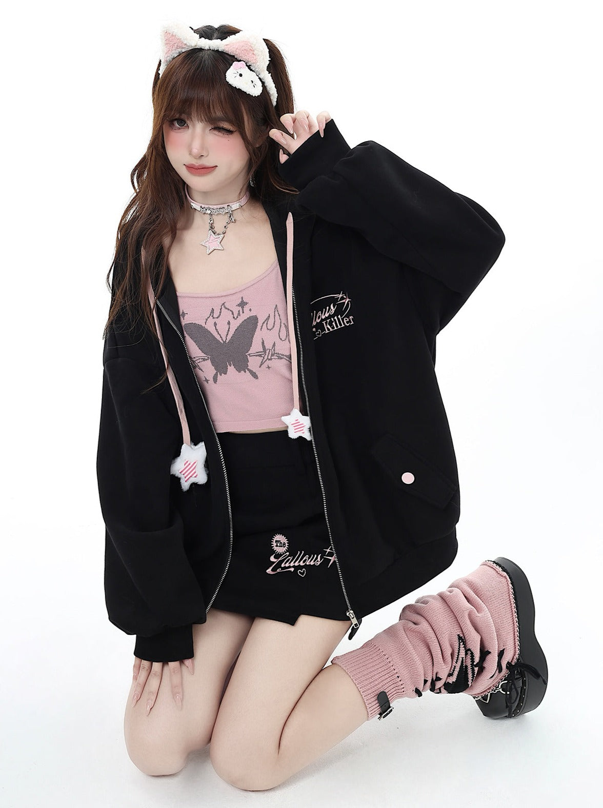 Small Hooded Zipper Hoodie + Tight Skirt