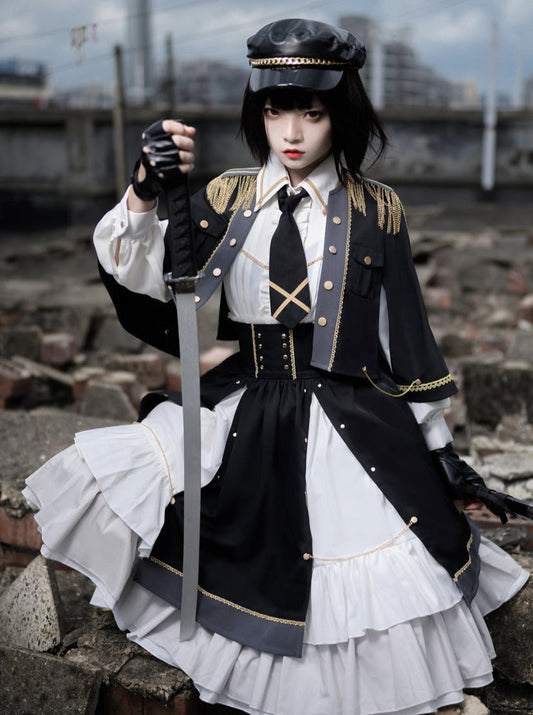 Military Style Cape Jacket + Ruffled Blouse With Tie + Waist Marked Split Layered Skirt