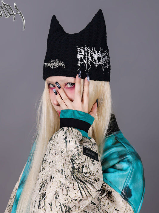 Cat Ears Metal Thorns Embroidered Knit Hat