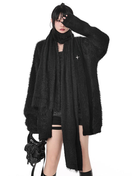 Metal Star Dark Style Loose Knit Cardigan With Scarf