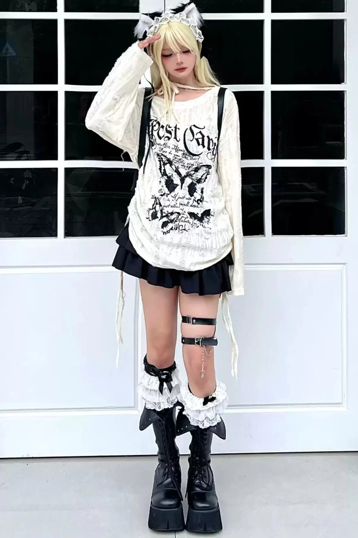 Butterfly Tie Off-shoulder Distressed Top Set