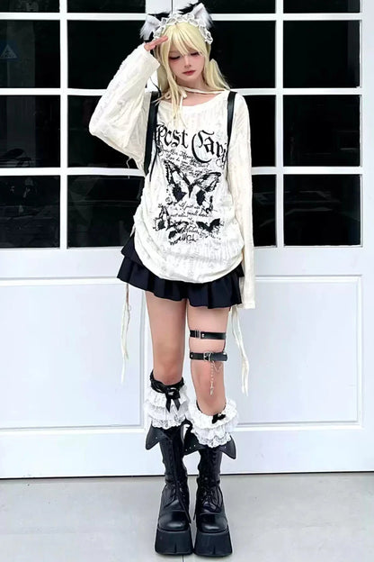 Butterfly Tie Off-shoulder Distressed Top Set