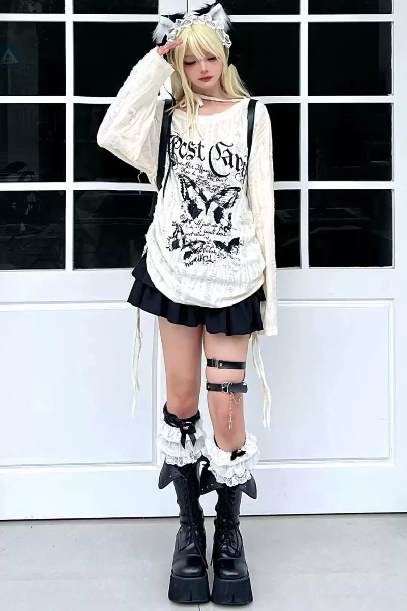 Butterfly Tie Off-shoulder Distressed Top Set