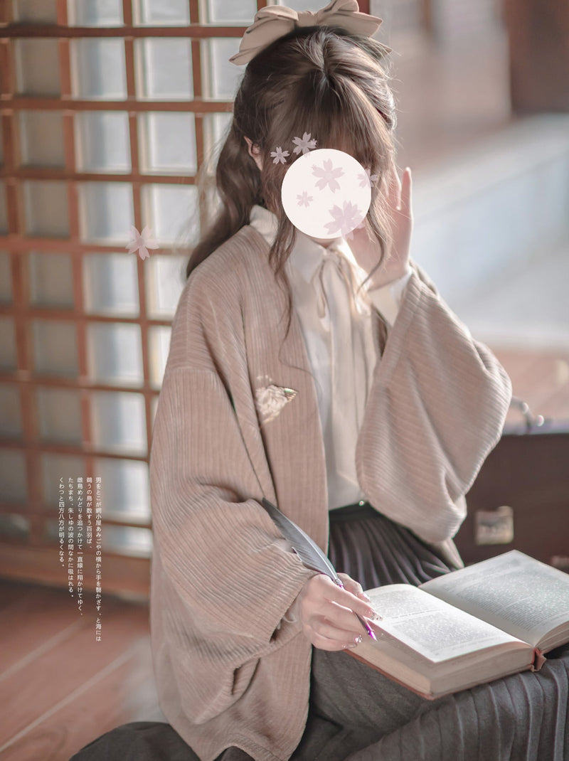 Sakura Note Showa Retro Haori Jacket + Chiffon Ribbon Shirt + Checkered Skirt + Dark Gray Skirt + Brooch